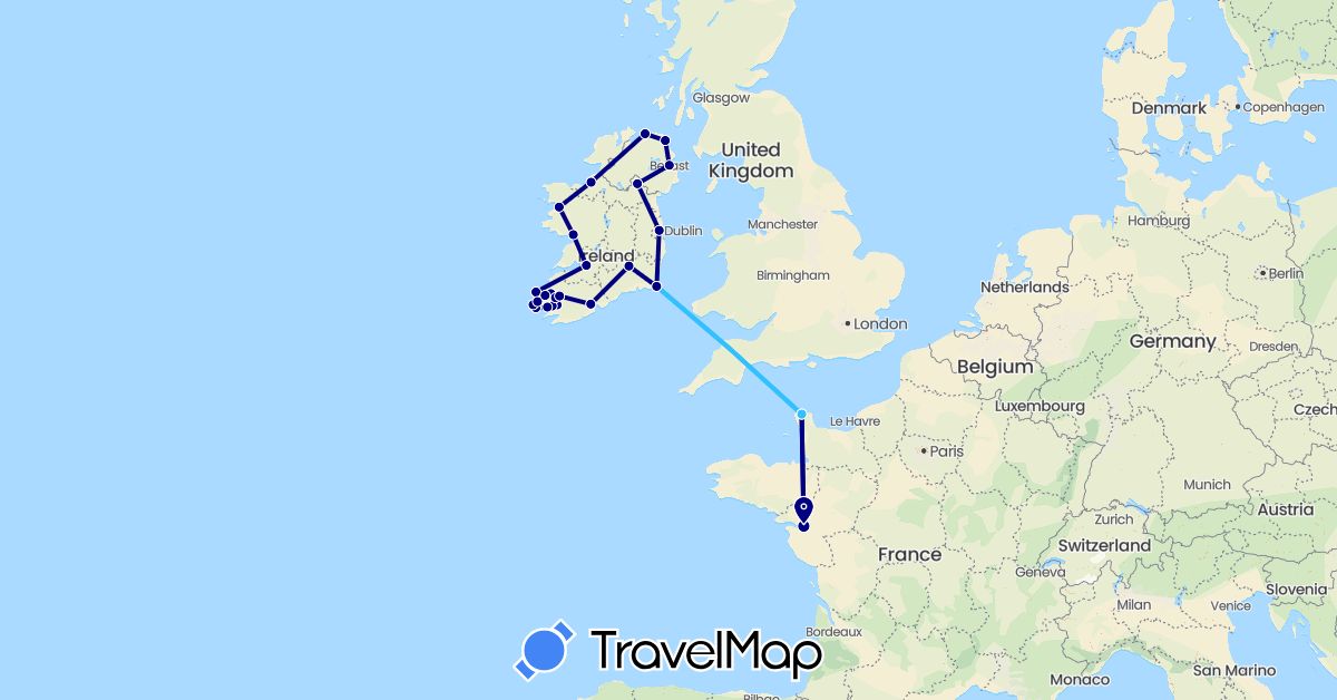 TravelMap itinerary: driving, boat in France, United Kingdom, Ireland (Europe)