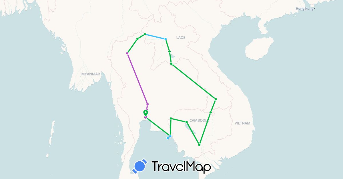 TravelMap itinerary: driving, bus, train, boat in Cambodia, Laos, Thailand (Asia)
